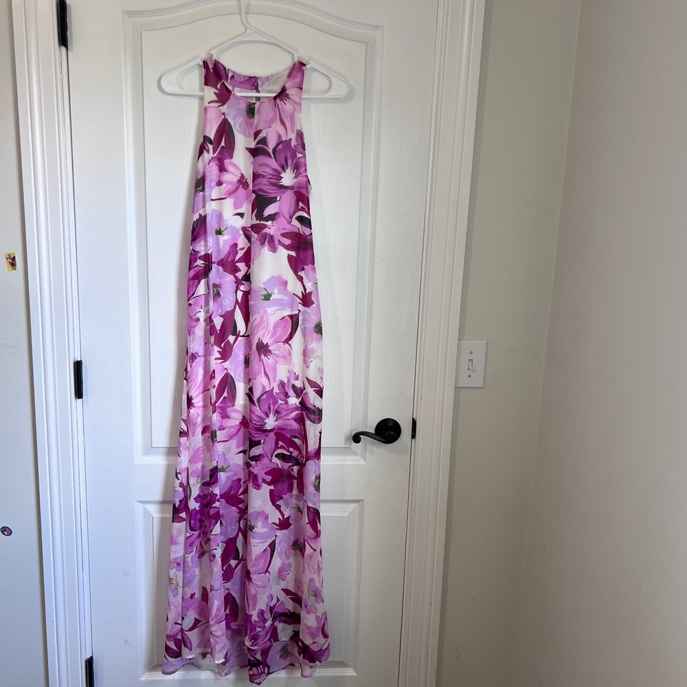 Three Eighty Two Floral Halter Maxi Dress Purple Pink White TR-408 Size XS NEW